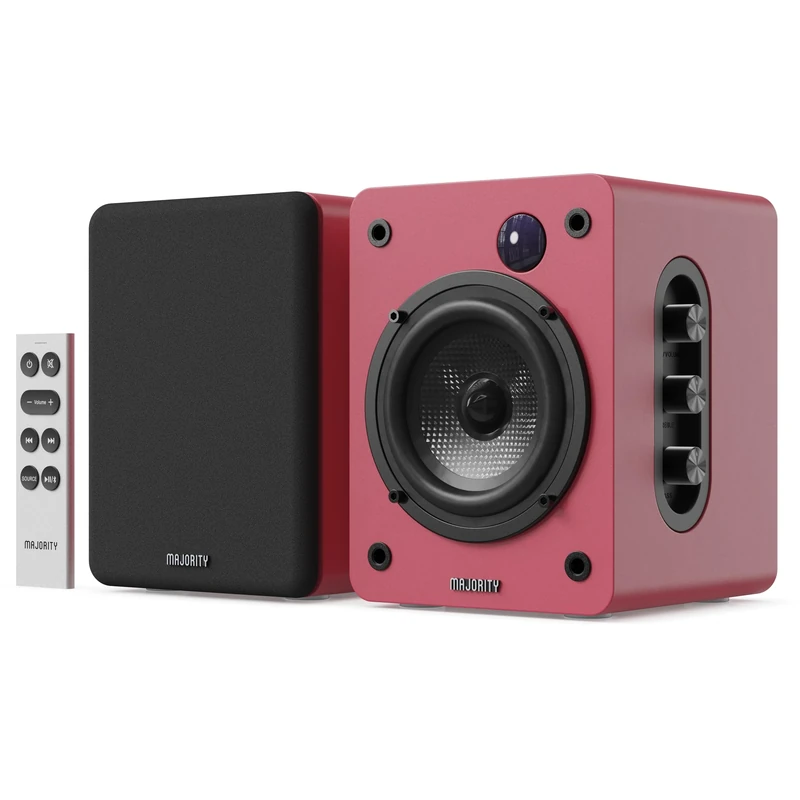 MAJORITY Bookshelf Bluetooth Speakers | Wireless Active Speakers Pair | Hi-Fi, 2.0 sound | Desktop, Monitor & PC | 60W, HD Sound, HDMI ARC, Optical, AUX & USB Playback, Remote Included D50X MAROON