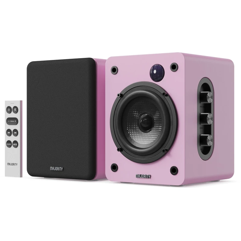 MAJORITY Bookshelf Bluetooth Speakers | Wireless Active Speakers Pair | Hi-Fi, 2.0 sound | Desktop, Monitor & PC | 60W, HD Sound, HDMI ARC, Optical, AUX & USB Playback, Remote Included D50X PINK