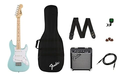 Fender FSR Squier Electric Mini Stratocaster Daphne Blue Starter Pack - Includes Amplifier, Cable, Strap, Picks & Clip Tuner