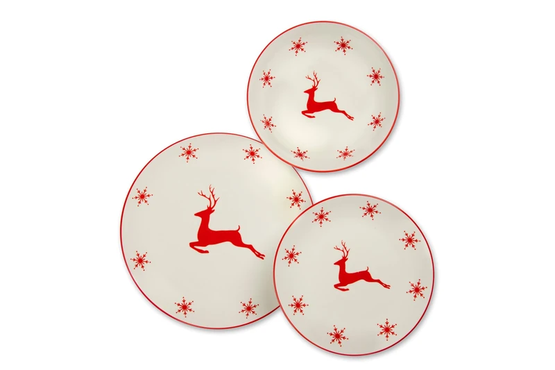 Excelsa Nordic Christmas 18 Piece Porcelain Dinner Set with Red Snowflakes and Reindeer Design - Dishwasher Safe