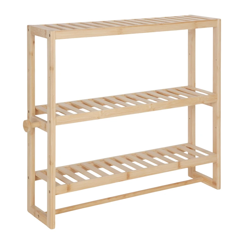 Relaxdays bathroom wall shelf, HxWxD: 54 x 60 x 15 cm, bamboo, towel rail, 2 hooks, slim floating shelf, natural