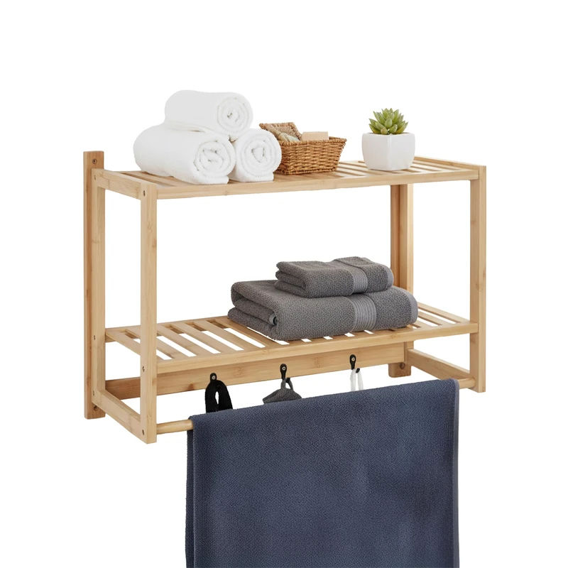 Relaxdays wall shelf for bathroom, HxWxD: 40 x 60 x 23.5 cm, bamboo, towel rack, 3 hooks, hanging shelf, natural