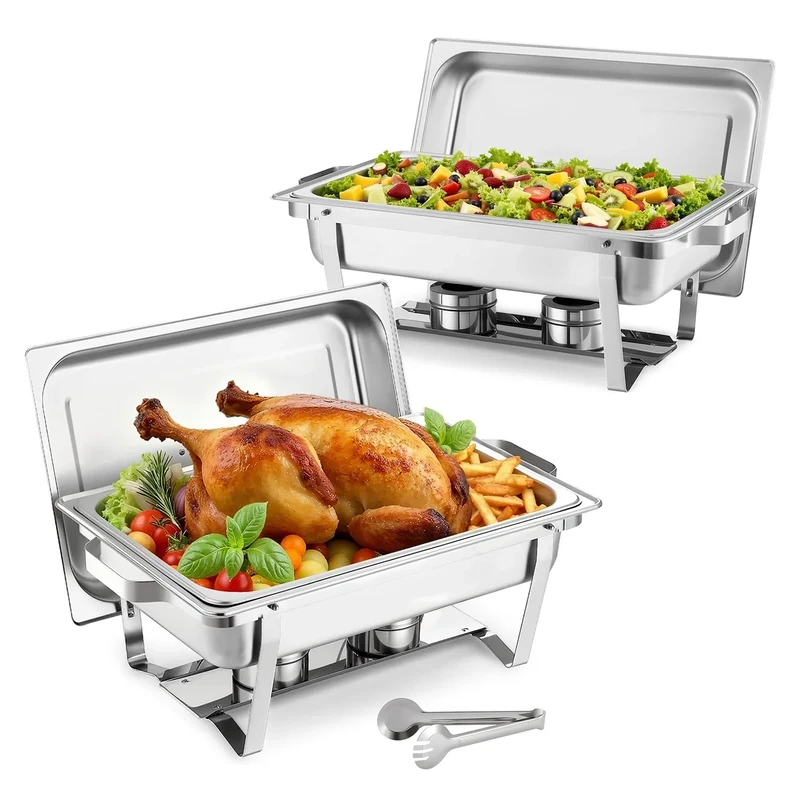 VEVOR Rectangle Chafing Dish, 9 Qt 2 Pack Stainless Steel Chafing Dish, Food Warmer Chafer Complete Set with Hollow Handle, 1 Food Tongs, Lid, Canister Holder, Chafer Dishes for Banquet Party Wedding