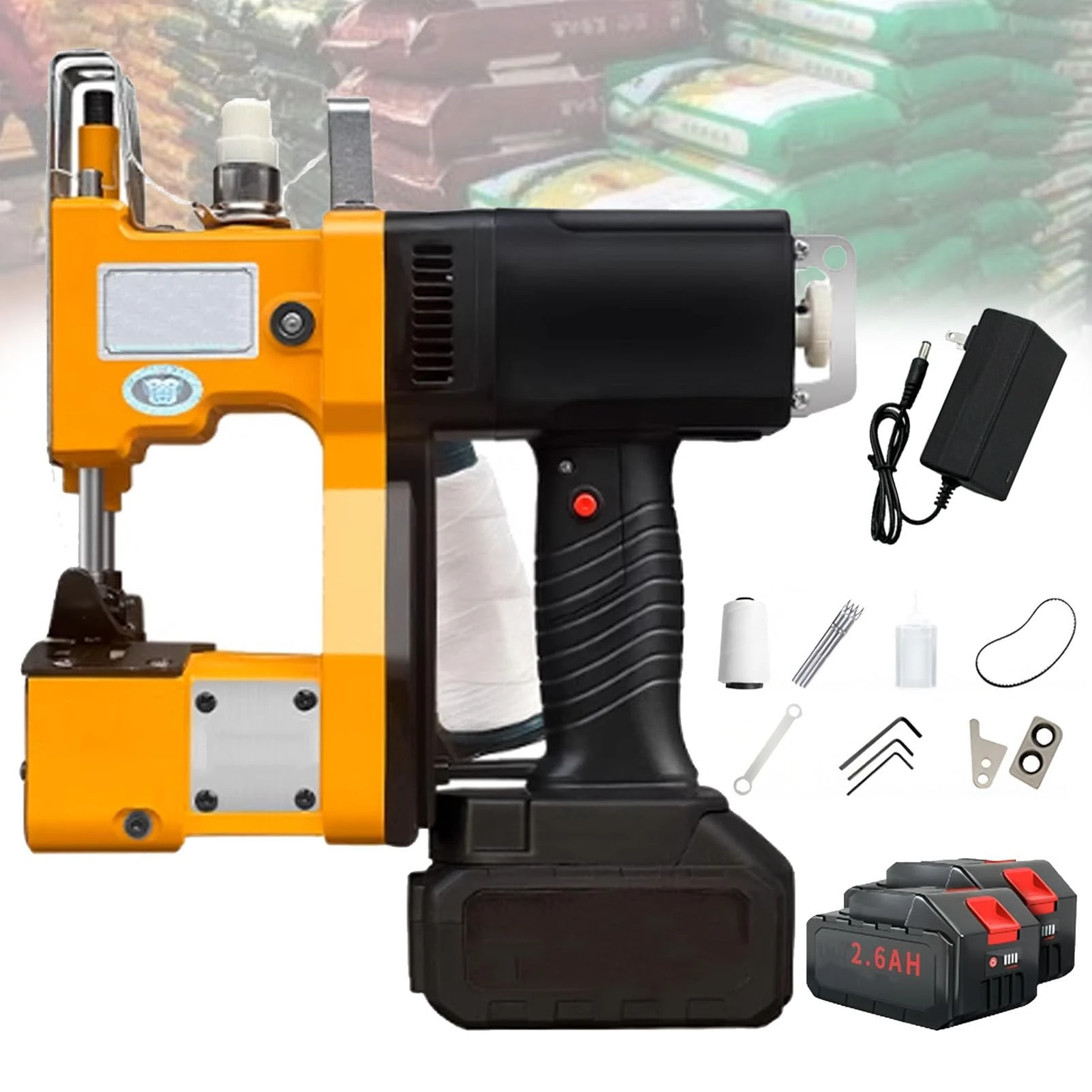 Zowdrix Lithium Battery Bag Sewing Machine, Portable Bag Closer for Woven Bags, 21V Cordless Sack Stitcher with Auto Thread Cut, 0.2-10mm Thickness 2.6AH-2Battery