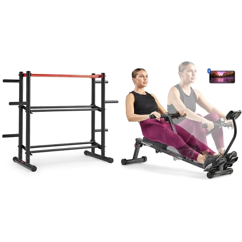 Sunny Health & Fitness Multi-Weight Storage Rack Stand for Dumbbells, Kettlebells, Olympic Weight Plates, Barbell and Medicine Ball + Sunny Health & Fitness Smart Compact Adjustable Rowing Machine