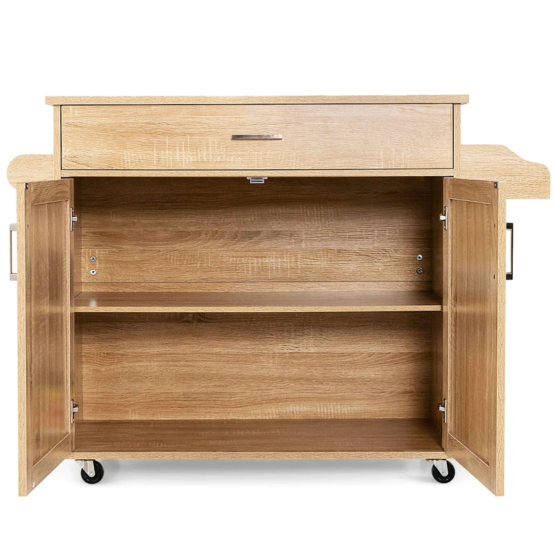 FANTASK Kitchen Trolley with Drawer & Cabinet, Wooden Serving Trolley with Wheels, Trolley with Towel Holder, Spice Board & Adjustable Shelf, Kitchen Cabinet (Natural) - Image 1