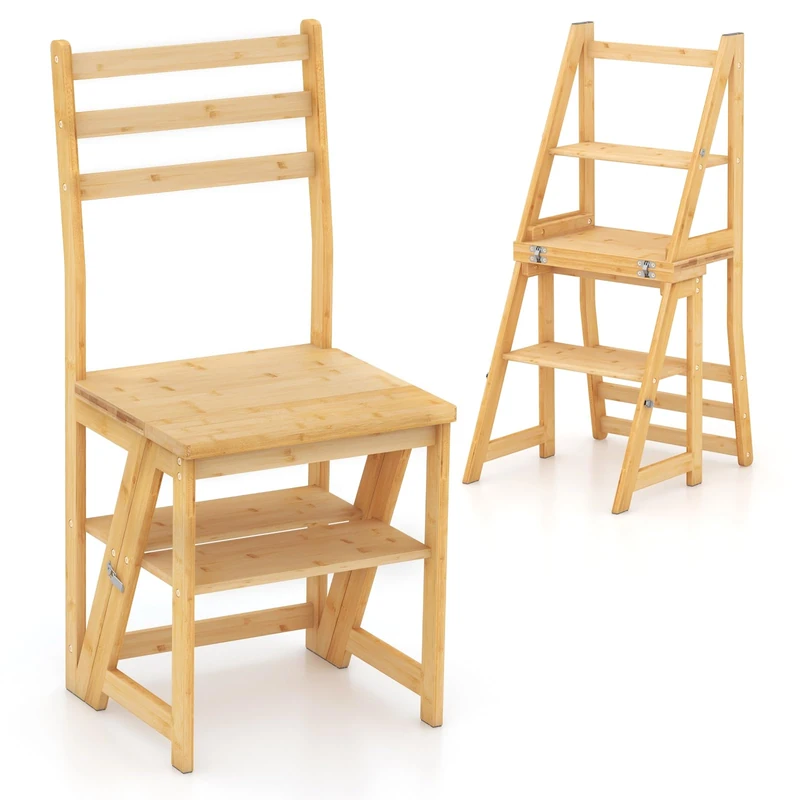 FANTASK 3-in-1 Folding Ladder Chair, 3 Levels Step Stool, Bamboo, Multifunctional Ladder Chair up to 150 kg, Plant Stand for Library, Kitchen, Office (Natural)