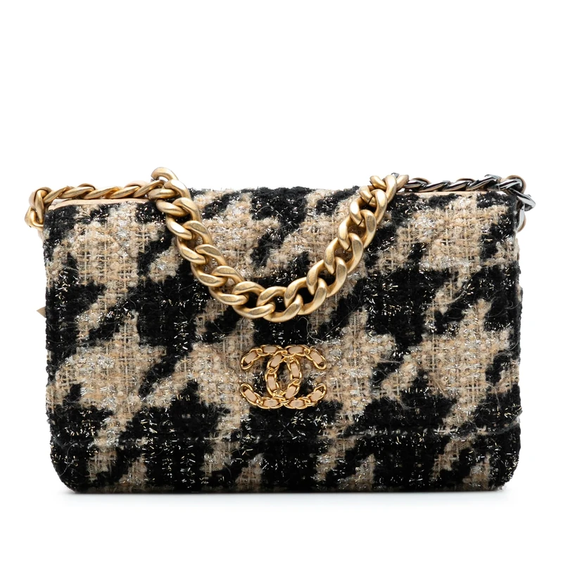 Chanel Pre-Loved Houndstooth Tweed 19 Wallet On Chain Handbag