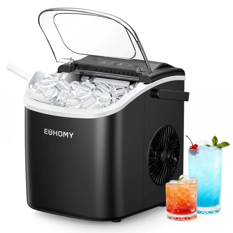 EUHOMY Countertop Ice Maker Machine with Handle, 9 Cubes in 6 Mins, 26 lbs per Day, Energy Saving, Self-Cleaning, Portable Ice Maker with Basket and Scoop, Ideal for Home, Kitchen, Camping, RV