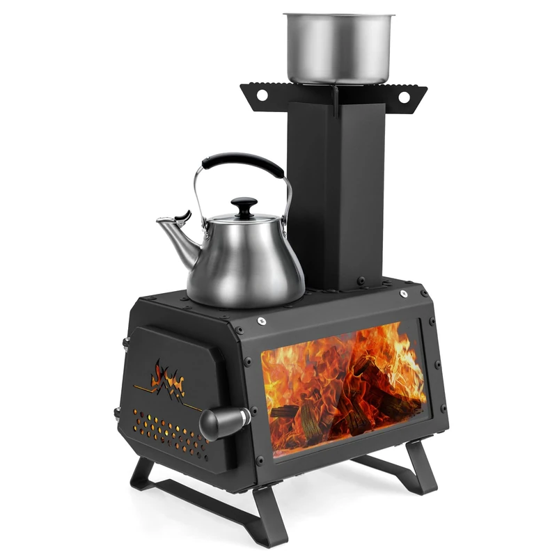 FANTASK Portable Wood Stove Rocket Stove Outdoor Includes 2 Cooking Surfaces with Viewing Panel and Ash Pan, Tent Stove, Camping Stove for Garden & Camping, Black