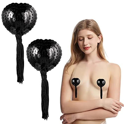Xinjieda Reusable Adhesive Nipple Covers, Heart-Shaped Silicone Pasties with Tassels