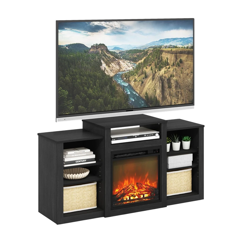 Furinno JENSEN TV Stand, TV Entertainment Center with Shelves, TV Console, for TV up to 60 Inch, for Living Room, Bedroom, Grey Oak