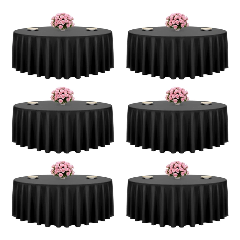 VEVOR Black Round Tablecloths 6 Pack, 120 Inches in Diameter, Stain- & Wrinkle- Resistant, Machine Washable Table Clothes, Polyester Fabric Table Covers for Wedding, Party, Banquet, Formal Events