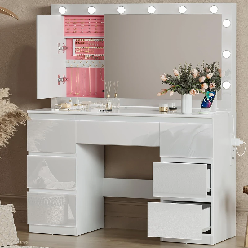 TRIUMPHKEY High Gloss Dressing Table with Large LED Mirror,Vanity Table Makeup Desk with 7 Drawers and Power Outlet,Jewelry Storage Cabinet,White Bedroom Furniture