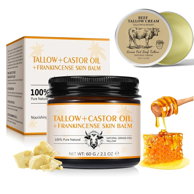 2Pcs Tallow and Honey Balm, Tallow Face Cream with Castor Oil and Frankincense Oil, Deep Moisturizing Face & Body Cream for Dry, Cracked Skin Care