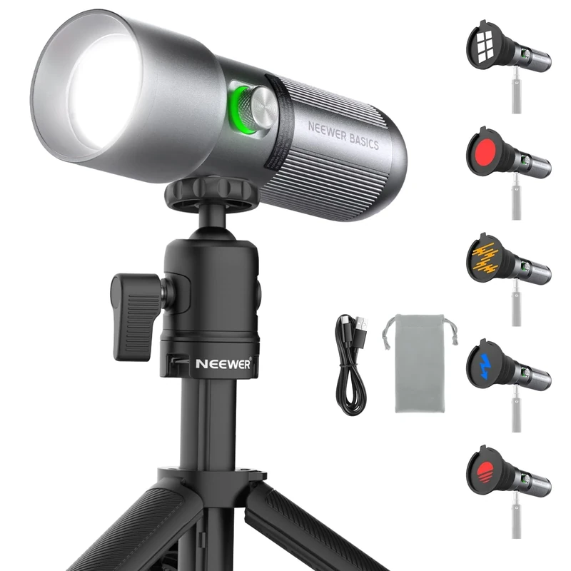 NEEWER BASICS RGB Photography Flashlight with Desk Tripod Stand/4 Colors/20 Gobo Filters/7500mAh, 10W 6300K CRI95+ Portable LED Spotlight Ambient Sunset Light for Video Recording Studio Lighting, FL10