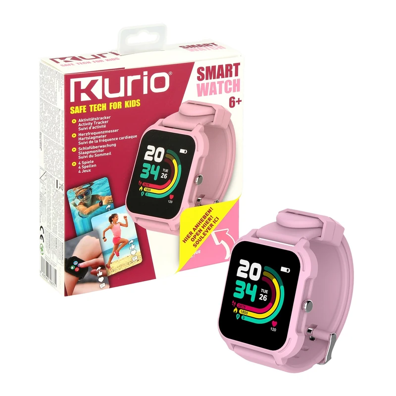 KURIO Kids Smartwatch Waterproof Fitness Tracker with Heart Rate, Sleep Monitoring and App Connection, Activity Watch with Games and Dials, Pink - Image 1