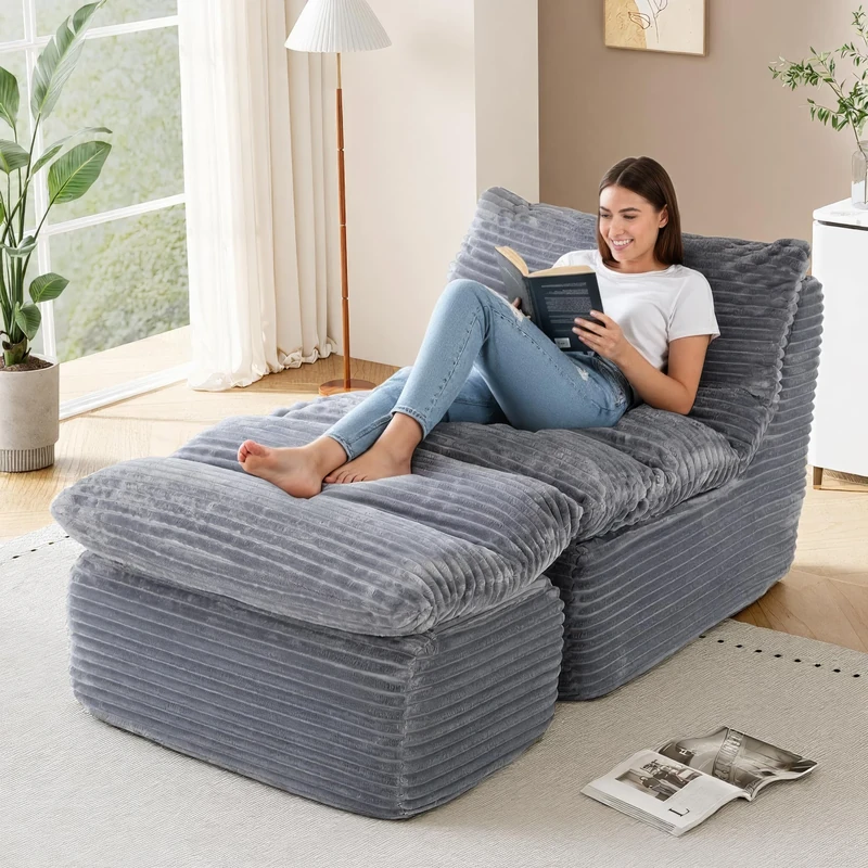 COLAMY Bean Bag Chair with Ottoman, No-Assembly-Required Lazy Floor Sofa Bed, Comfy Back Support Chaise Lounge Chair, Single Sofa Chair for Living Room Bedroom Office Apartment, Grey