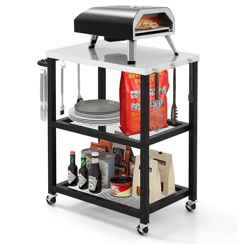 FANTASK BBQ Side Trolley with 3 Shelves, 4 Wheels, Handle, Hook, Practical Side Table, Pizza Table for Garden, Patio, Backyard