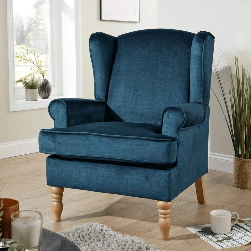 Home Source Armchair – Classic High Back Accent Chair with Plush Foam Seat, Dark Blue Upholstery, Solid Rubberwood Legs – Elegant Living Room or Reading Chair