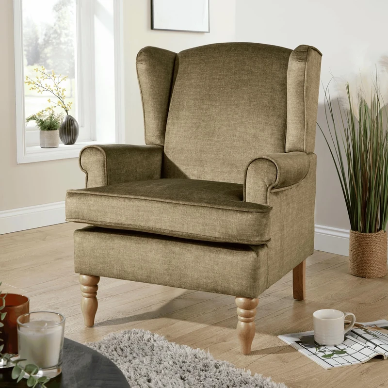Home Source Armchair – Classic High Back Accent Chair with Plush Foam Seat, Olive Green Upholstery, Solid Rubberwood Legs – Elegant Living Room or Reading Chair