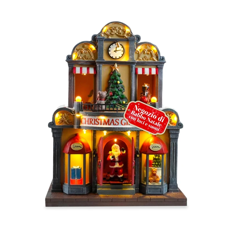 Avilia - Animated Santa Shop with LED Lights and Christmas Music for Festive Decorations and Glow Decorations, Hand Painted and Easy to Use with USB Cable Included