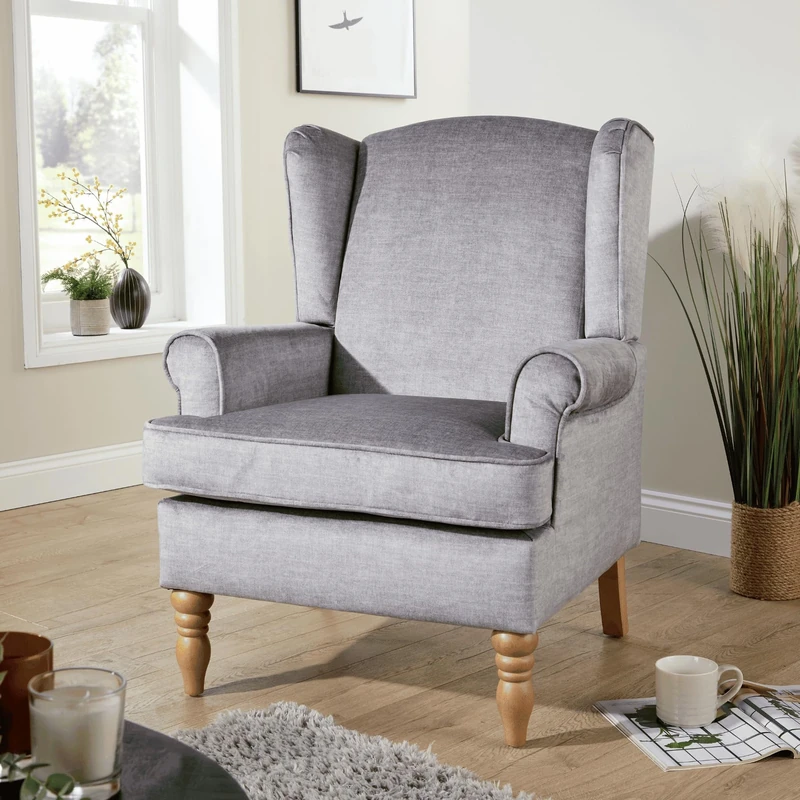 Home Source Armchair – Classic High Back Accent Chair with Plush Foam Seat, Silver Upholstery, Solid Rubberwood Legs – Elegant Living Room or Reading Chair