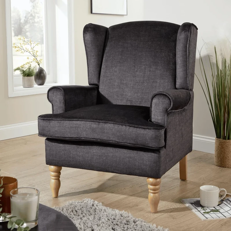 Home Source Armchair – Classic High Back Accent Chair with Plush Foam Seat, Charcoal Upholstery, Solid Rubberwood Legs – Elegant Living Room or Reading Chair