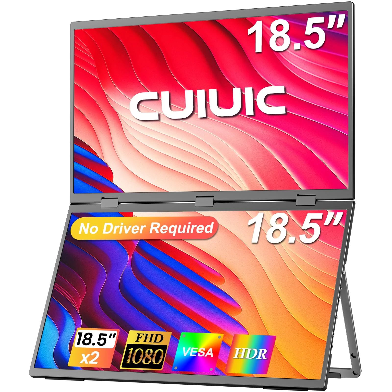 CUIUIC - Dual Portable Monitor, 18.5 inch, 1080P FHD IPS Foldable Stacked Triple Display Extender for Laptop, USB-C Plug & Play Extended Computer Display