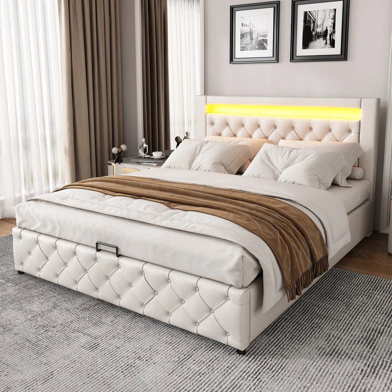 Ball & Cast 4ft6 Upholstered Double Bed Frame with Storage and 7colors LED Light Strips, Hydraulic Ottoman Bed Double 135x190 cm with Button Tufted Headboard, Velvet, White, No Mattress