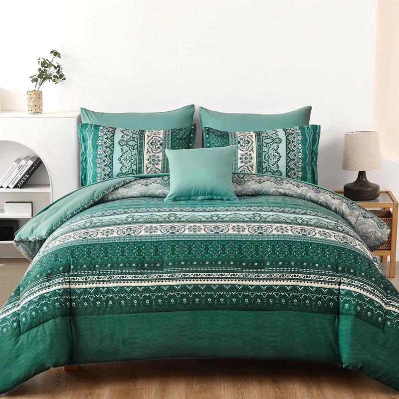 Cottolester Boho Comforter Set Queen Size,8 Pieces Teal Green Bohemian Striped Bed in a Bag,Paisley Soft Microfiber Bedding Comforter Set