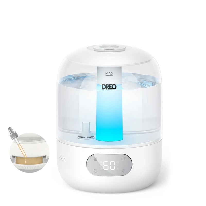 DREO Humidifier for Bedroom with Sensor, 26dB Quiet Cool Mist Ultrasonic Humidifiers for Home, 360° Nozzle, 30H Runtime, Ambient Light Indicator, Essential Oil Diffuser, Room, Plants, Nursery, White