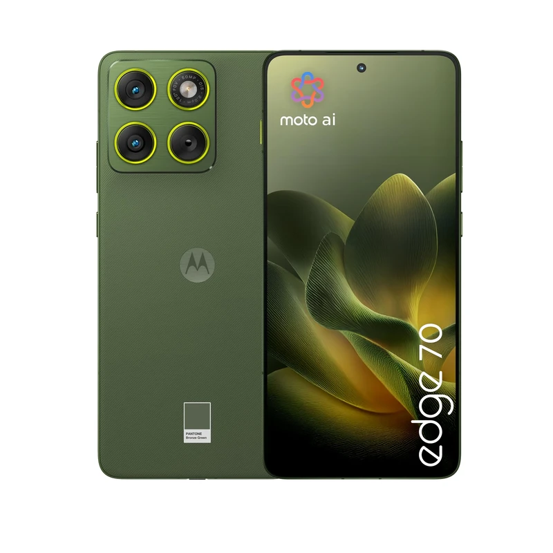 Motorola edge 70 PANTONE Bronze Green 6.67" 1.5K Super HD display · 5.99 mm ultrathin design · 4800 mAh silicon-carbon battery · triple 50 MP AI camera · Snapdragon 7 Gen 4 with Co2 offset