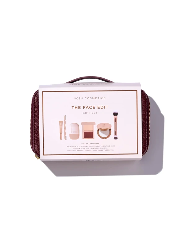 SOSU Cosmetics The Face Edit Gift Set, 6-Piece Makeup Collection with Cosmetics Bag, Face Base, Setting Powder, Blush Duo, Brush, Brow Kit - Image 1