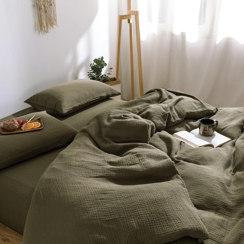 mixinni Olive Green Waffle Weave Duvet Cover Set Queen, 3-Piece 100% Natural Washed Cotton Triple-Layer Gauze Solid Bedding Set, Soft Breathable Minimalist Comforter Cover with Zipper & Ties-Queen