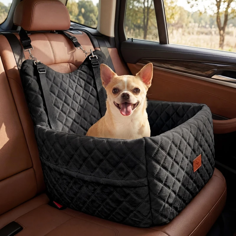 YITAHOME Dog Car Seat for Small Medium Dogs,Travel Pet Bed with Memory Foam Under 35 lbs Seat height 6",Two side storage bagsm Non-slip design Thick Cushion & 2 Safety Belts(Black)