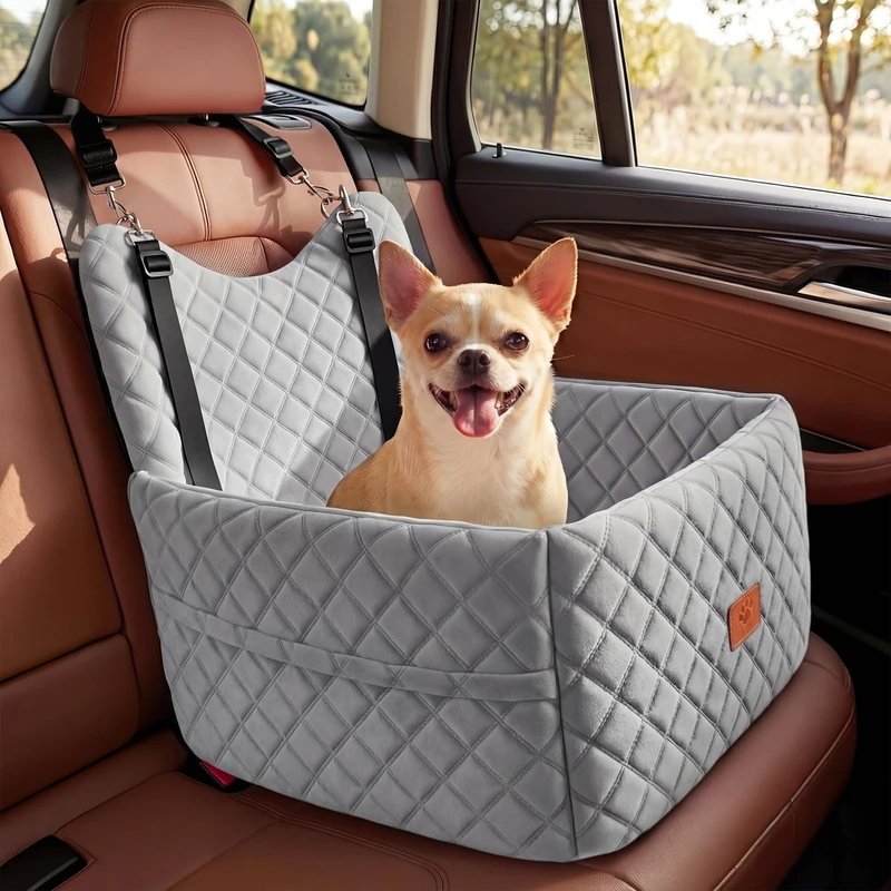 YITAHOME Dog Car Seat for Small Medium Dogs,Travel Pet Bed with Memory Foam Under 35 lbs Seat height 6",Two side storage bagsm Non-slip design Thick Cushion & 2 Safety Belts(Light Grey)