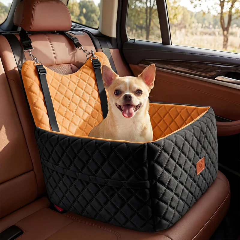 YITAHOME Dog Car Seat for Small Medium Dogs,Travel Pet Bed with Memory Foam Under 35 lbs Seat height 6",Two side storage bagsm Non-slip design Thick Cushion & 2 Safety Belts(orange)