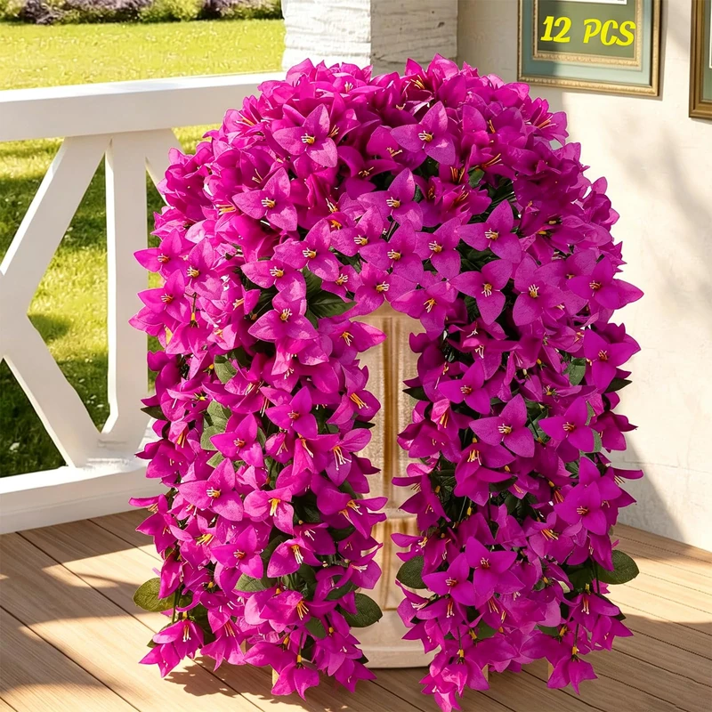 Alotiki Artificial Bougainvillea Flowers for Outdoor Plant,12 pcs Faux Hanging Flowers Bougainvillea for Outside Decoration,Fake Silk UV Resistant Vines for Front Door Porch(Fuchsia)