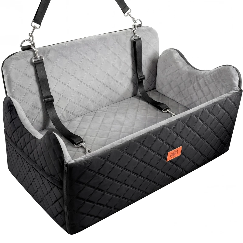 YITAHOME Dog Car Seat for Big Medium Dogs,Travel Pet Bed with Memory Foam Under 55 lbs Seat height 4.3",Two side storage bagsm Non-slip design Thick Cushion & 2 Safety Belts(Grey)