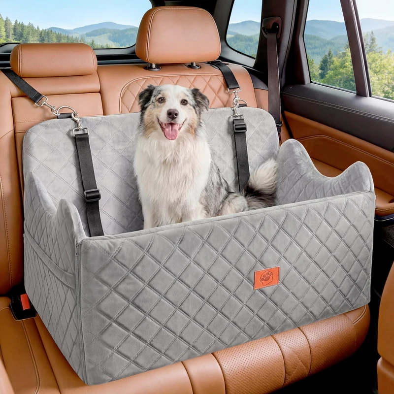 YITAHOME Dog Car Seat for Big Medium Dogs,Travel Pet Bed with Memory Foam Under 55 lbs Seat height 4.3",Two side storage bagsm Non-slip design Thick Cushion & 2 Safety Belts(Light Grey)