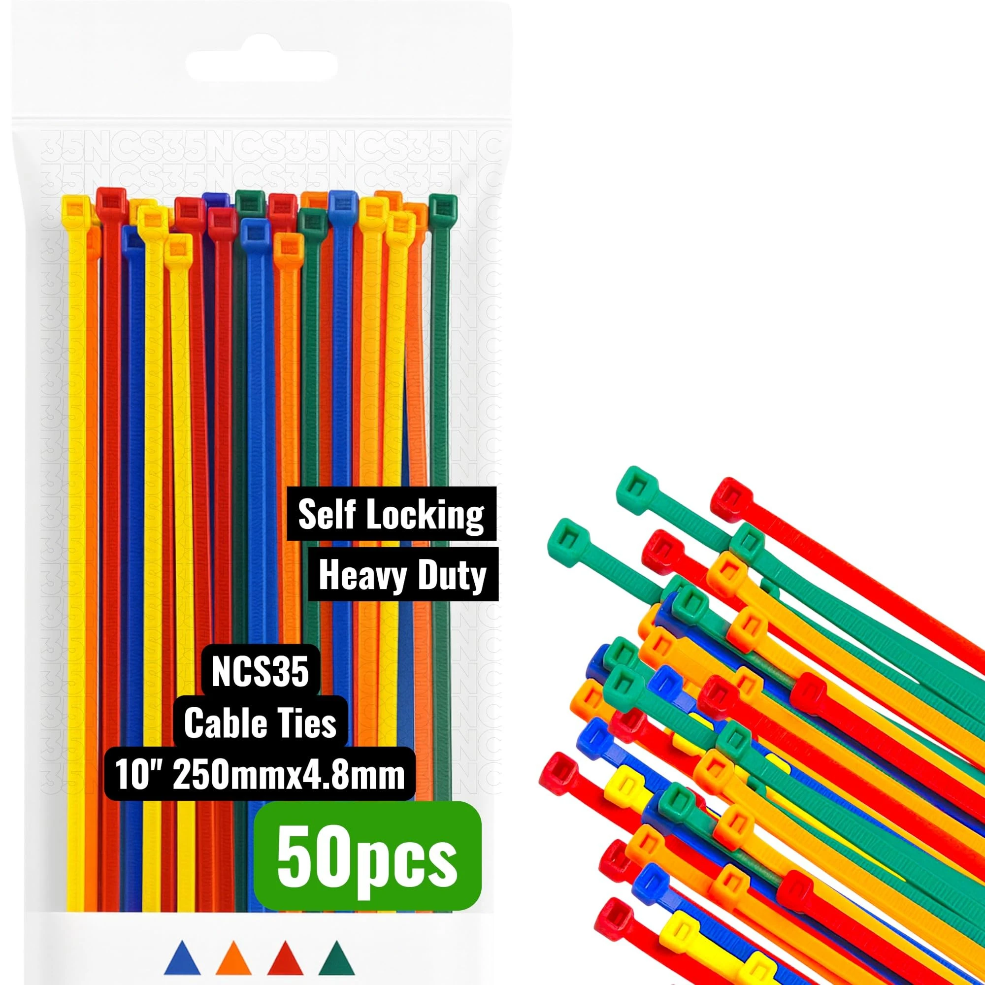 Cable Ties Multi Coloured Nylon 50pcs (250 mm × 4.8 mm) 10 Inch NCS35® HIGH VIS Heavy Duty, Self-Locking, UV Resistant, Multi-Purpose Plastic Cable Managment Tie Wraps for Electrical,Nylon Zip Ties