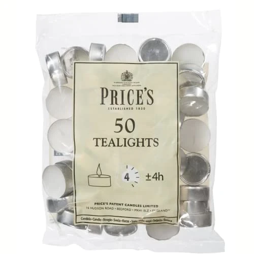 Price's Candles 50 Pack Tea Lights | Clean Vegan & Kosher Friendly Long Burning Tea Lights Great for Everday Use | Unscented Tealights Great for Everday Use