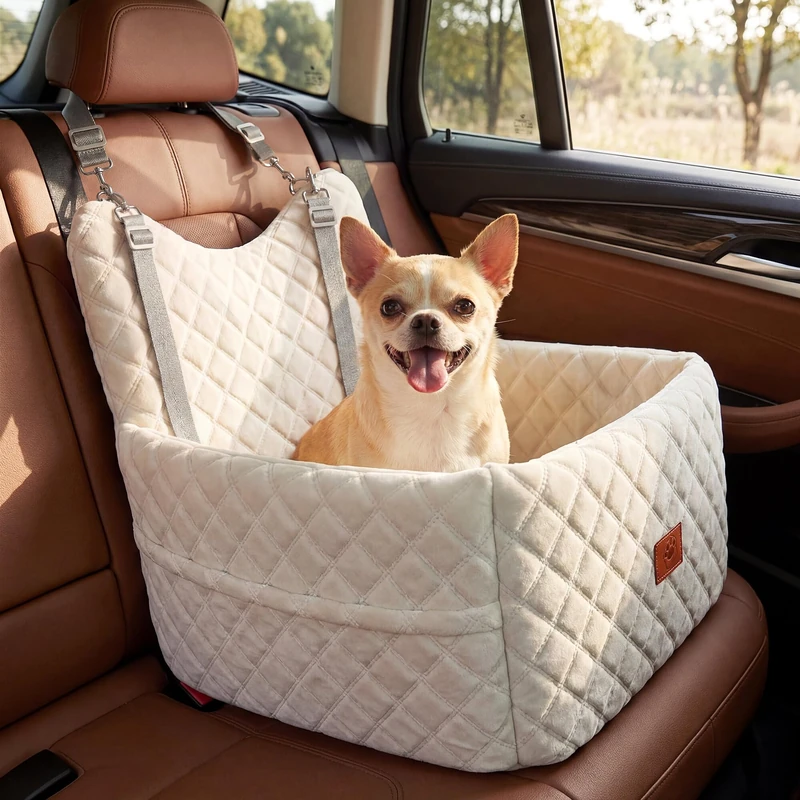 YITAHOME Dog Car Seat for Small Medium Dogs,Travel Pet Bed with Memory Foam Under 35 lbs Seat height 6",Two side storage bagsm Non-slip design Thick Cushion & 2 Safety Belts(White)