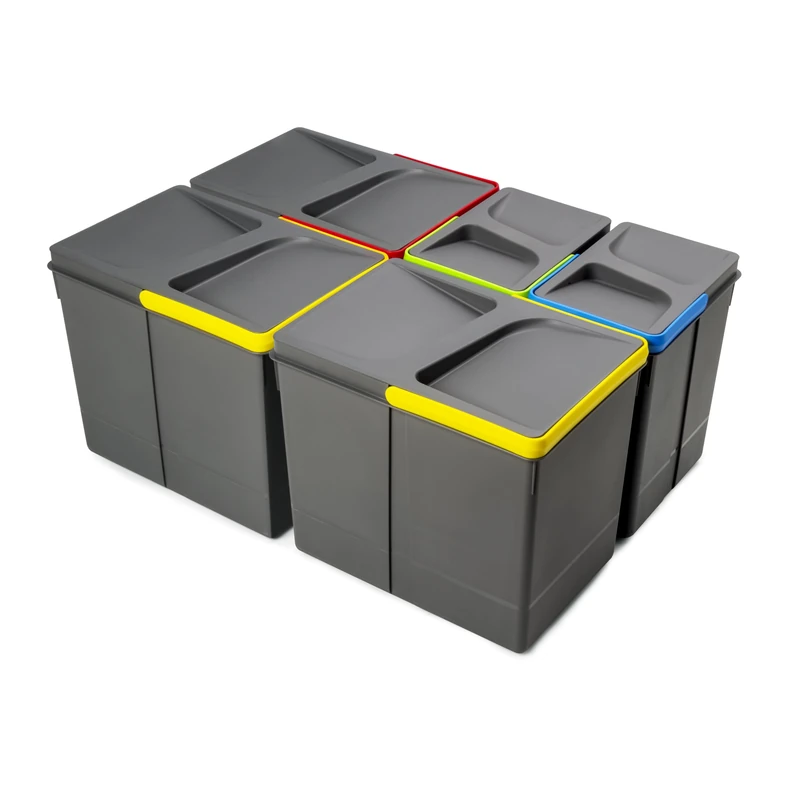 Emuca - Kit of recycling bins for kitchen drawer Recycle height 266mm, 3x15litres, 2x7litres, Anthracite grey plastic