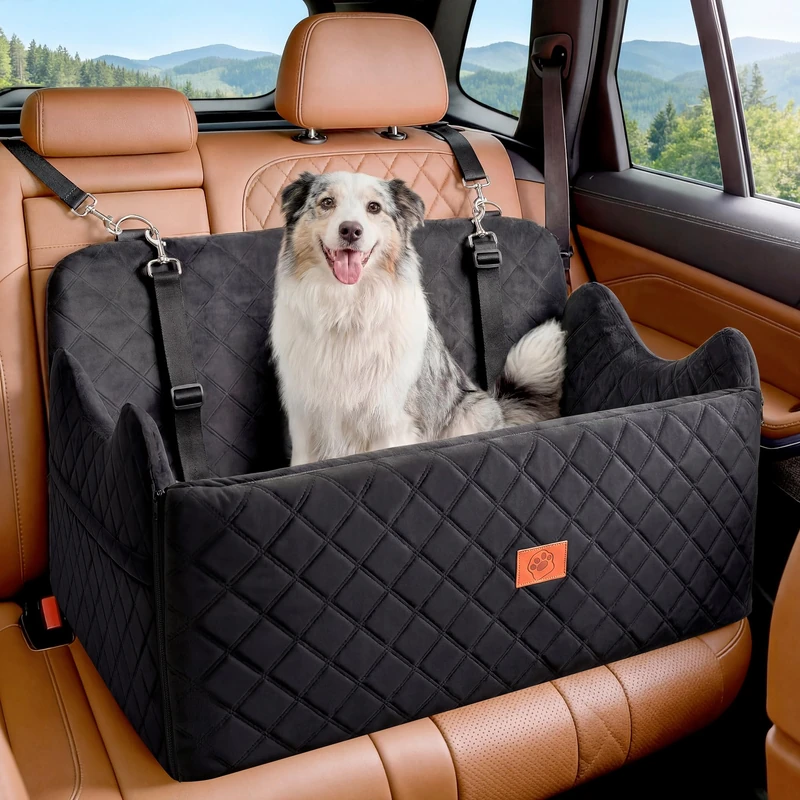 YITAHOME Dog Car Seat for Big Medium Dogs,Travel Pet Bed with Memory Foam Under 55 lbs Seat height 4.3",Two side storage bagsm Non-slip design Thick Cushion & 2 Safety Belts(Black)