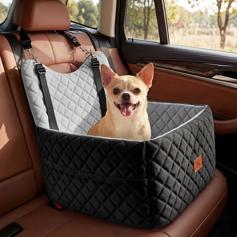YITAHOME Dog Car Seat for Small Medium Dogs,Travel Pet Bed with Memory Foam Under 35 lbs Seat height 6",Two side storage bagsm Non-slip design Thick Cushion & 2 Safety Belts(Grey)