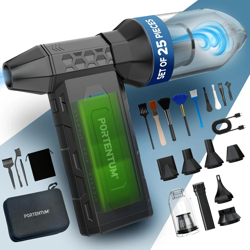 PORTENTUM 4 in 1 Compressed air Duster 180 km/h – Power Bank 8000 mAh Fast Charge USB-C – Car Vacuum Cleaner Cordless 25 kPa – Dual LED Flashlight – Air Blower brushless up to 115 min – 25-Piece Set