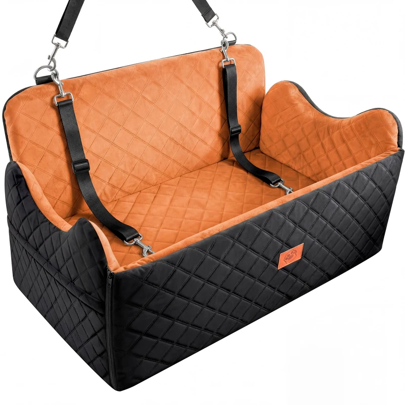 YITAHOME Dog Car Seat for Big Medium Dogs,Travel Pet Bed with Memory Foam Under 55 lbs Seat height 4.3",Two side storage bagsm Non-slip design Thick Cushion & 2 Safety Belts(Orange)