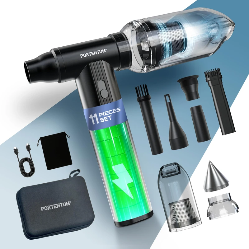 PORTENTUM 2 in 1 Mini handheld vacuum cleaner 25 kPa – 10000 mAh up to 135 min USB-C – Compressed air duster 180 km/h brushless – Car vacuum cordless with variable speed control – 11-piece set